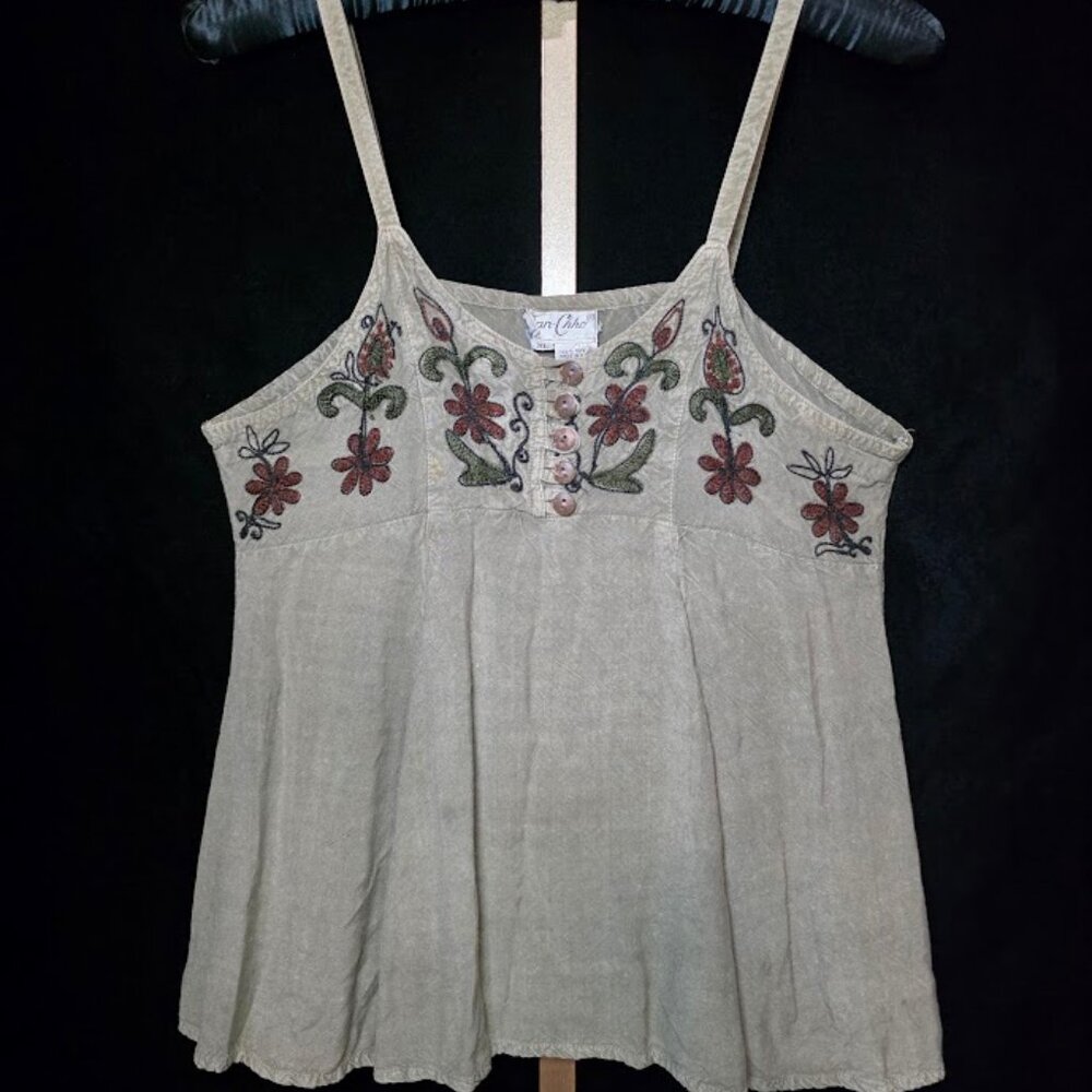 Tan-Chho Boho-Style Embroidered Tank Top XL Vtg